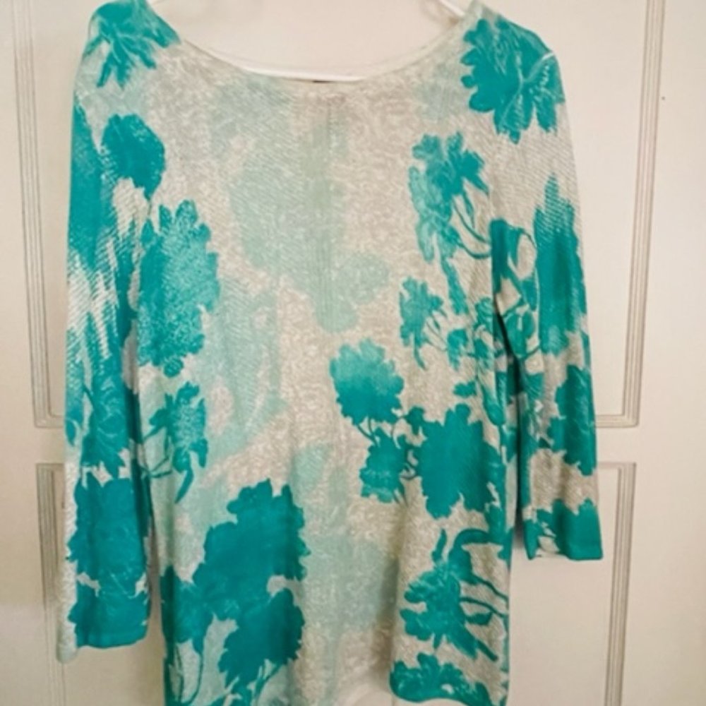 Chicos Turquoise Gray Floral Sweater Size 1